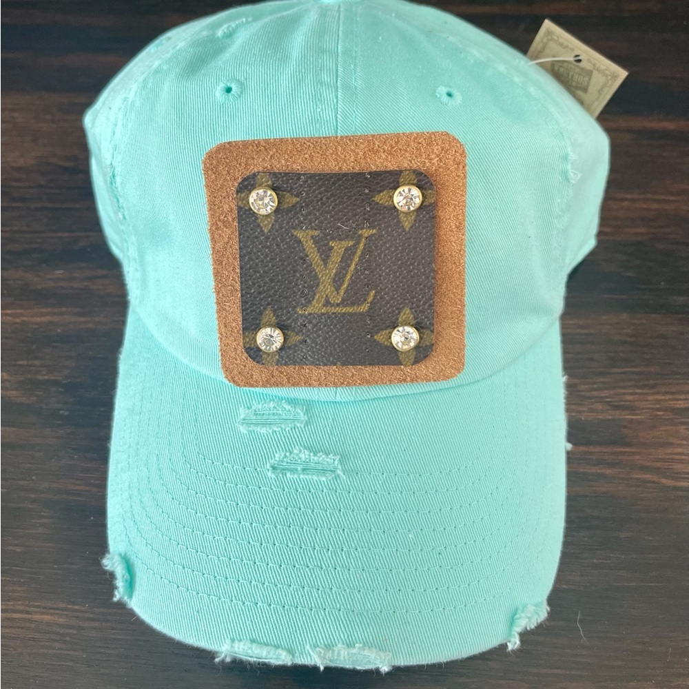 Upcycled Luxury Brand Distressed Dusty Blue Baseball Hat